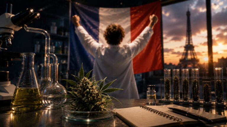 フランス国旗を背景に研究者が歓喜する医療用大麻研究のイメージ。実験器具と大麻植物が並ぶ研究室の様子