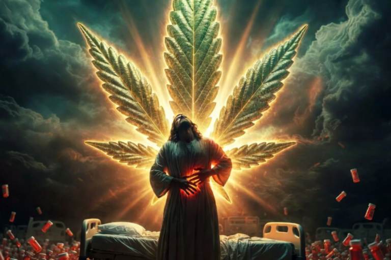 暗い空の下、光り輝く巨大なCBD（大麻）リーフの翼を持つイエス・キリストのような人物が病院のベッドの前に立ち、胸に赤く光る手を当てている。まわりには無数の赤い薬瓶が浮かぶ、ドラマチックな癒しのイメージ