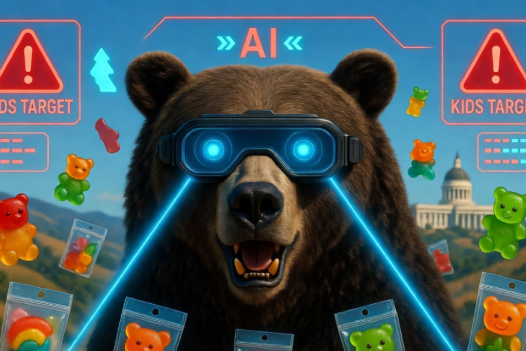巨大なクマが未来型の青く光るVRゴーグルを装着し、目からビームを放ちながら笑う。まわりをカラフルなグミベアが浮遊し、『KIDS TARGET』の警告マークが2つ表示された、AIが子供向けCBDグミをターゲットにしている風刺的なイラスト