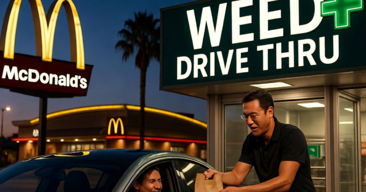 夜のマクドナルドの隣に『WEED+ DRIVE THRU』の看板が光る店舗。従業員が笑顔のドライバーに『Cannabis』と書かれた紙袋を手渡している、ユーモラスで風刺的な大麻×ファストフードのコラボレーション画像