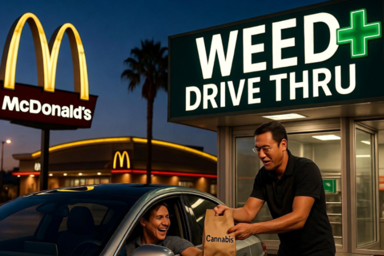 夜のマクドナルドの隣に『WEED+ DRIVE THRU』の看板が光る店舗。従業員が笑顔のドライバーに『Cannabis』と書かれた紙袋を手渡している、ユーモラスで風刺的な大麻×ファストフードのコラボレーション画像