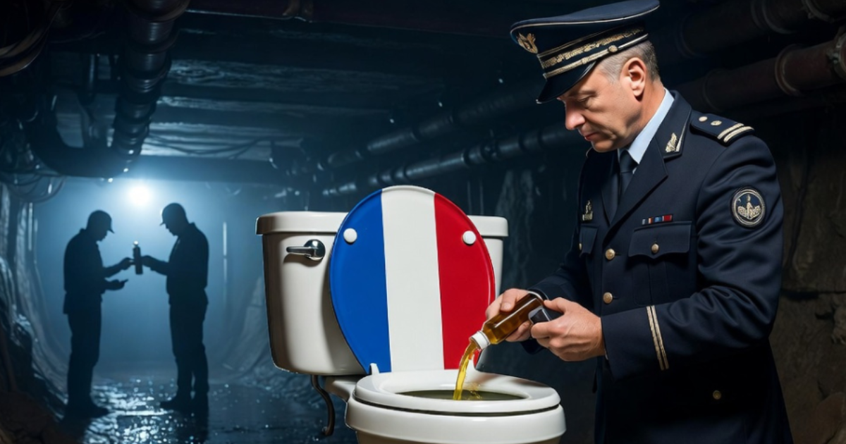 フランス国旗色のトイレに高級軍服姿の男性がCBDオイルらしき液体を流し込んでいる、暗い地下下水道のような不気味な空間。背景に2人のシルエットが取引する様子が描かれた、風刺的なCBD・大麻規制を揶揄するイラスト