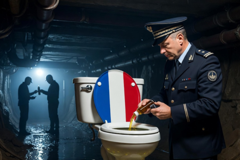 フランス国旗色のトイレに高級軍服姿の男性がCBDオイルらしき液体を流し込んでいる、暗い地下下水道のような不気味な空間。背景に2人のシルエットが取引する様子が描かれた、風刺的なCBD・大麻規制を揶揄するイラスト