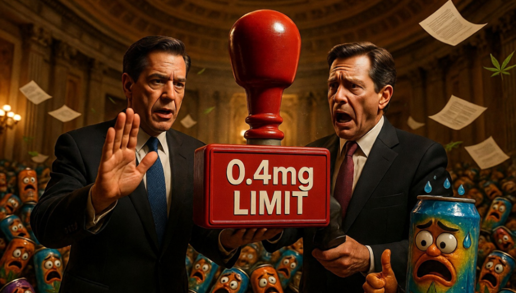 議事堂で2人のスーツ姿の男性が「0.4mg LIMIT」と書かれた巨大な赤いスタンプボタンを持ち、顔つきの慌てた炭酸飲料缶や飛ぶ書類、大麻の葉に囲まれている風刺画像