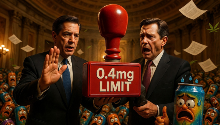 議事堂で2人のスーツ姿の男性が「0.4mg LIMIT」と書かれた巨大な赤いスタンプボタンを持ち、顔つきの慌てた炭酸飲料缶や飛ぶ書類、大麻の葉に囲まれている風刺画像