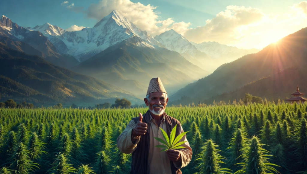ヒマラヤの雪山を背景に、広大な大麻畑の中で笑顔で親指を立てるネパール人男性。伝統的な帽子を被り、手に大麻の葉を持っている。朝日が差し込む美しい田園風景