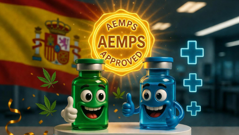 スペイン国旗を背景に、AEMPS APPROVEDの輝く金色の認証シールの下で、笑顔の緑と青の注射瓶キャラクターが親指を立ててポーズを取っている。背景に大麻の葉と青いプラス記号があり、お祝いムードの画像