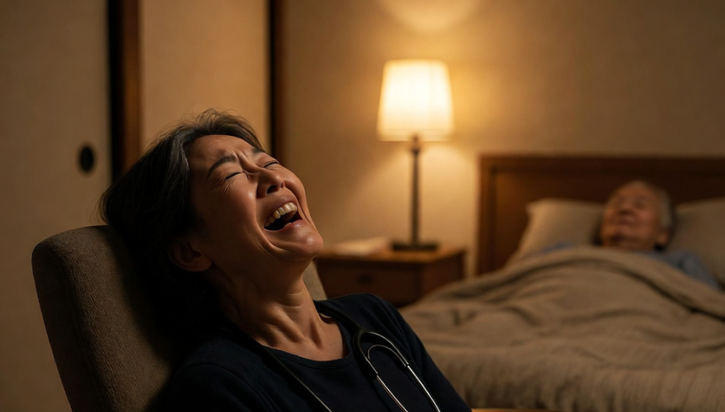 聴診器を首にかけた女性が椅子にもたれかかり、大口を開けて大笑いしている。背景では高齢者がベッドで安らかに眠っている、暖かい照明の寝室シーン