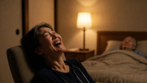 聴診器を首にかけた女性が椅子にもたれかかり、大口を開けて大笑いしている。背景では高齢者がベッドで安らかに眠っている、暖かい照明の寝室シーン