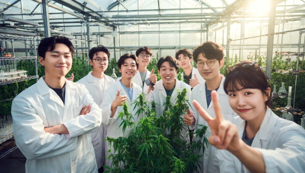 白衣を着た若いアジア人研究者グループ（男性6名・女性1名）が温室の中で大麻植物を囲んで笑顔で記念撮影。親指を立てたりピースサインをしたりと明るい雰囲気の集合写真