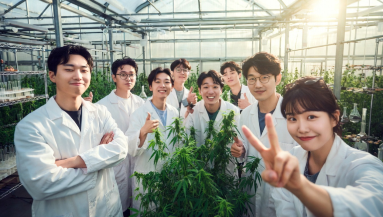 白衣を着た若いアジア人研究者グループ（男性6名・女性1名）が温室の中で大麻植物を囲んで笑顔で記念撮影。親指を立てたりピースサインをしたりと明るい雰囲気の集合写真