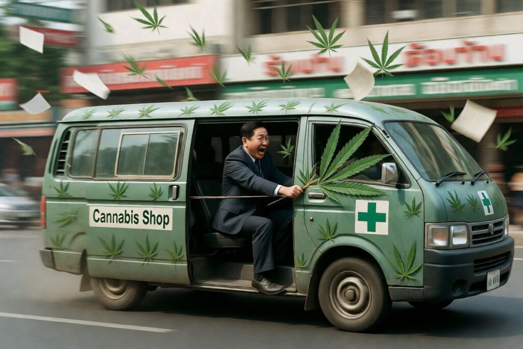 大麻の葉で全面デコレーションされた緑色のバン（側面に「Cannabis Shop」と医療の十字マーク）。スーツ姿の男性が運転席から身を乗り出し、大きな大麻の葉を持って興奮した表情で走行中。周囲に大麻の葉と紙が舞うユーモラスで派手な街中のシーン
