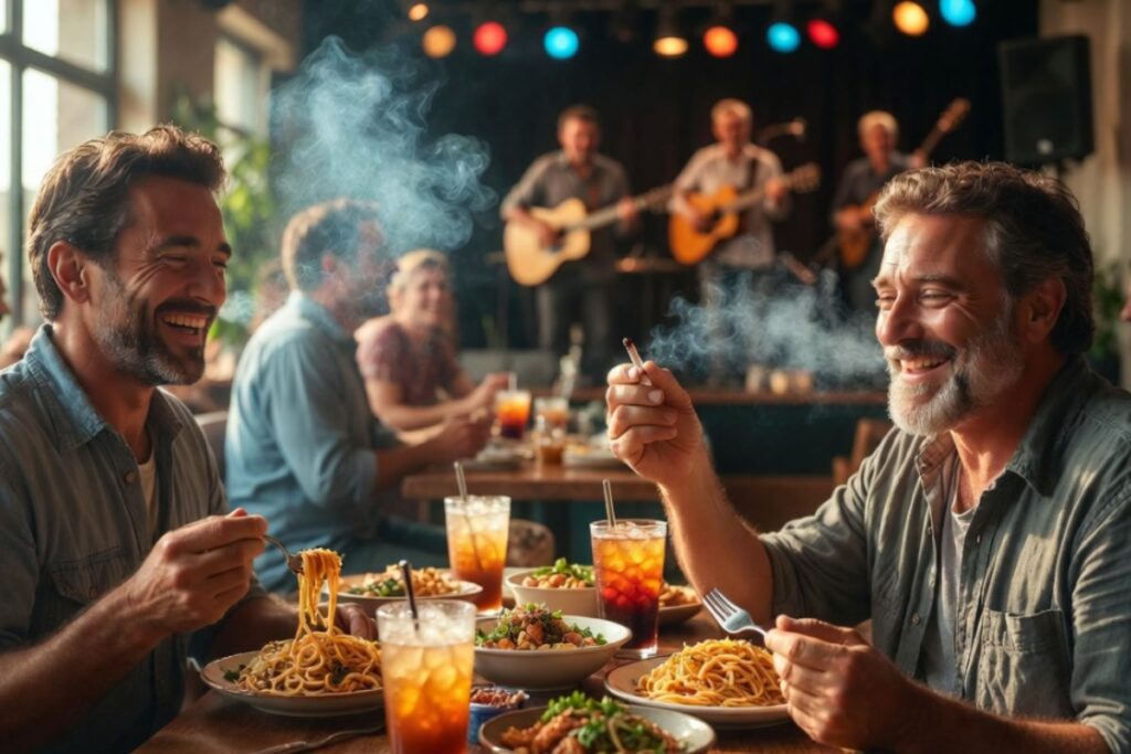 ライブ演奏が流れるレストランで、食事を楽しみながら喫煙する人々の様子。リラックスした社交の場を描いたイメージ。