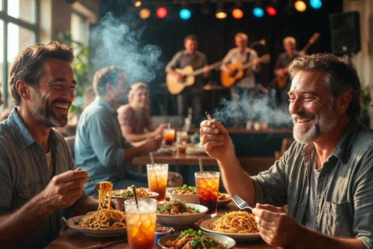 ライブ演奏が流れるレストランで、食事を楽しみながら喫煙する人々の様子。リラックスした社交の場を描いたイメージ。
