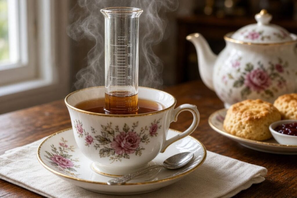 紅茶の入った花柄のティーカップに計量フラスコを置いた実験的なイメージ