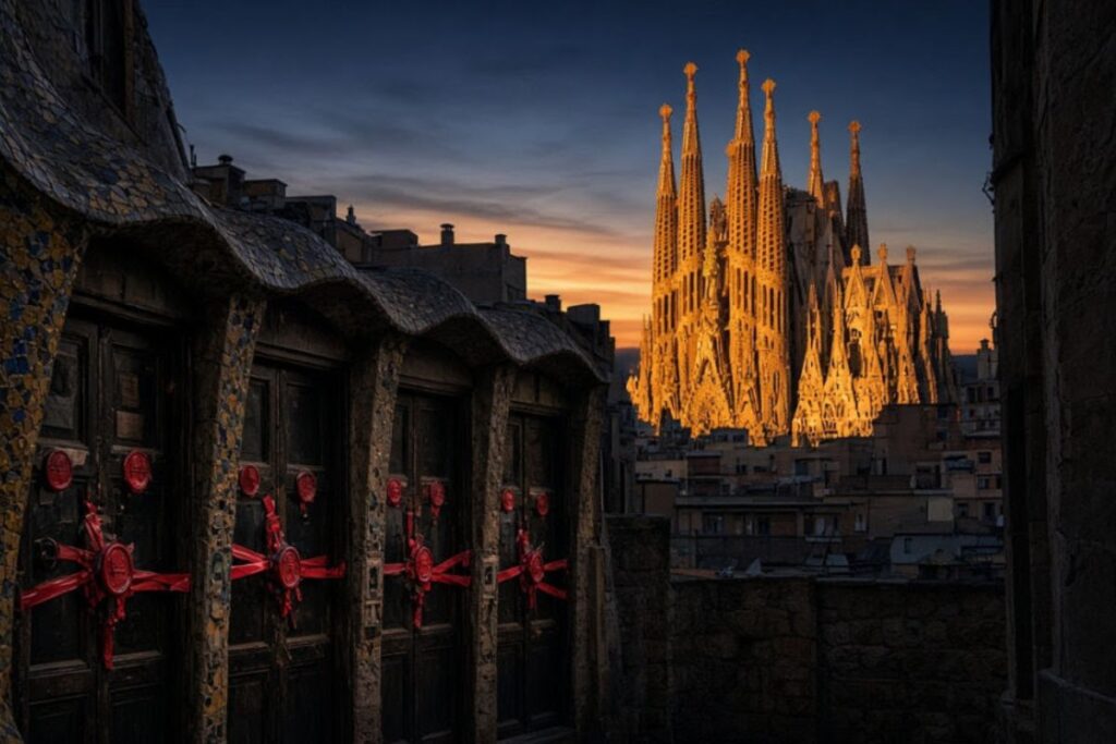 バルセロナの夕暮れ時に撮影されたサグラダ・ファミリアの眺め。手前にはグエル公園のような、カラフルなタイル装飾と赤いリボンが結ばれた木の扉が並んでいる。遠景のサグラダ・ファミリアは温かい光に照らされており、空には夕焼けのオレンジ色と青紫色のグラデーションが広がっている。