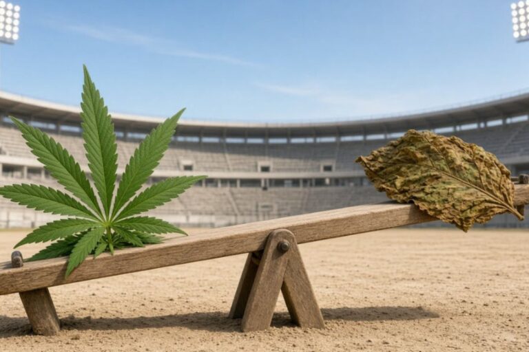 大麻の生葉と乾燥した大麻の葉をシーソーの両端に置いた比較イメージ
