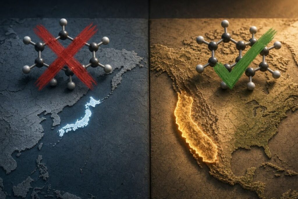 対照的な2つのパネルからなる画像。左側は暗い背景に日本の地図があり、その上に赤いバツ印（×）が重ねられた分子モデルが配置されています。右側は明るい背景に北米大陸（特にカルフォルニア州が協調された）の地図があり、その上に緑のチェックマーク（✓）が重ねられた分子モデルが配置されています。2つの分子モデルは似ていますが、右側の分子は左側の分子から水素原子が1つ取り除かれています。