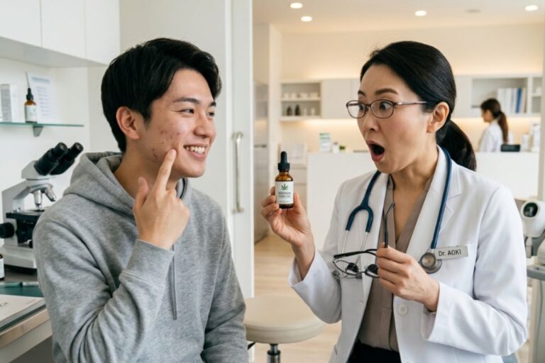 研究室または診療所で、肌荒れを気にして頬を指差す笑顔の男性と、驚いた表情でCBDオイルのようなスポイトボトルを提示する女性医師（Dr. AOKI）。背景には顕微鏡や製品の棚が見える。
