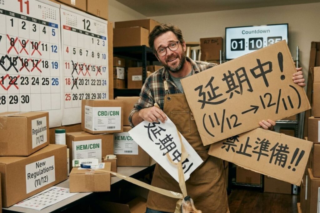 「延期中！(11/12→12/11)」と書かれた段ボールを持つ、エプロン姿の眼鏡の男性。背景には多数の段ボール箱やカレンダーがあり、手前の箱には「New Regulations (11/12)」のラベル。別の小さな看板には「禁止準備！！」、男性の手前の紙には「延期中！！」と書かれている。