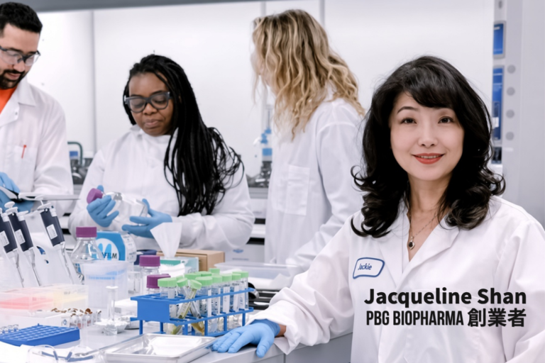PBG BIOPHARMA創業者のJacqueline Shan（Jackie）が白衣を着て研究室で微笑む様子。背景には他の研究者たちが実験作業を行っているラボの風景
