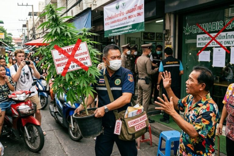 タイのストリートで、マスクをした取締官が「STAMPED: MEDICAL USE ONLY! - MIN. OF HEALTH」と赤い×印が描かれた看板を付けた大麻の鉢植えを押収している様子。手前には手を挙げて抗議または動揺する男性がおり、奥には他の警察官や規制を伝える横断幕が見える。