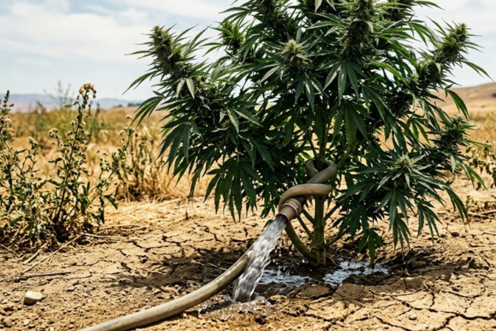 乾燥してひび割れた大地に植えられた大麻（カンナビス）の株元に、ホースから水が注がれている。ホースの一部が茎に絡みついている。背景には乾燥した荒野が広がっている。