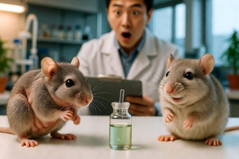 研究室で2匹のマウスと試験用の液体サンプルを前に、驚いた表情を見せる研究者のイメージ。