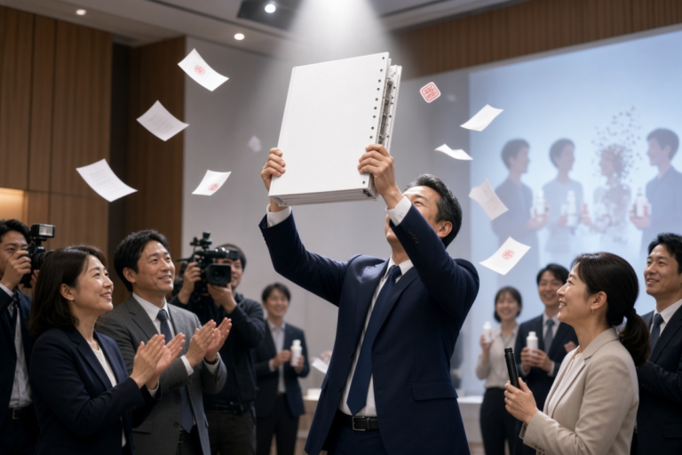 ステージ上で白いバインダーを掲げる男性。その周囲には、紙吹雪のように舞う書類や、拍手をする人々がいる。