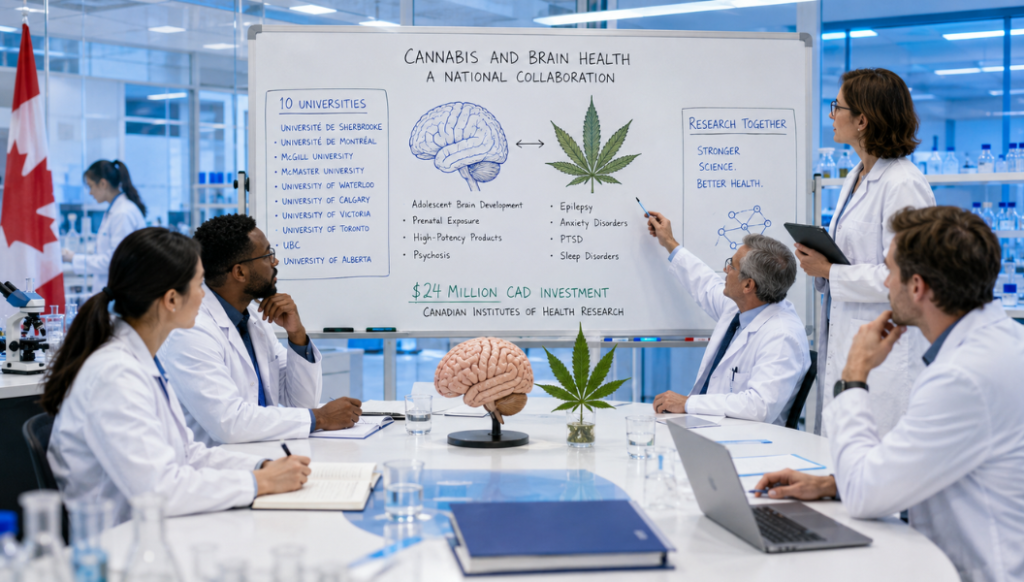 カナダの「大麻と脳の健康」研究コンソーシアムのホワイトボードを囲み、大麻と脳の健康に関する共同研究について議論する白衣の研究者たち