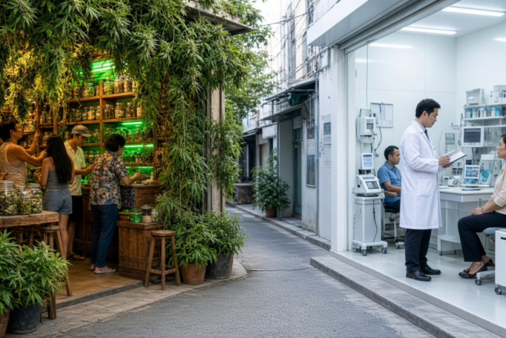 左側に大麻の葉が茂る屋台で人々が買い物をしている路地と、右側の清潔なクリニックで医師が患者と話す現代的な医療施設の対比