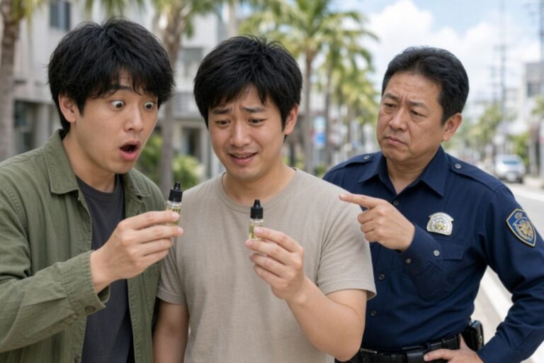 左の若い男性が緑色のジャケットを着て目を見開いて小さな液体ボトルを持ち、中央の男性がベージュのTシャツを着て困った表情で同様のボトルを持ち、右の警察官がそれを指差している屋外の光景。