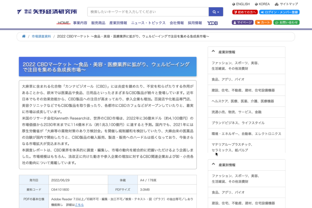 2022 CBDマーケット ~食品・美容・医療業界に拡がり、ウェルビーイングで注目を集める急成長市場~の紹介ページ