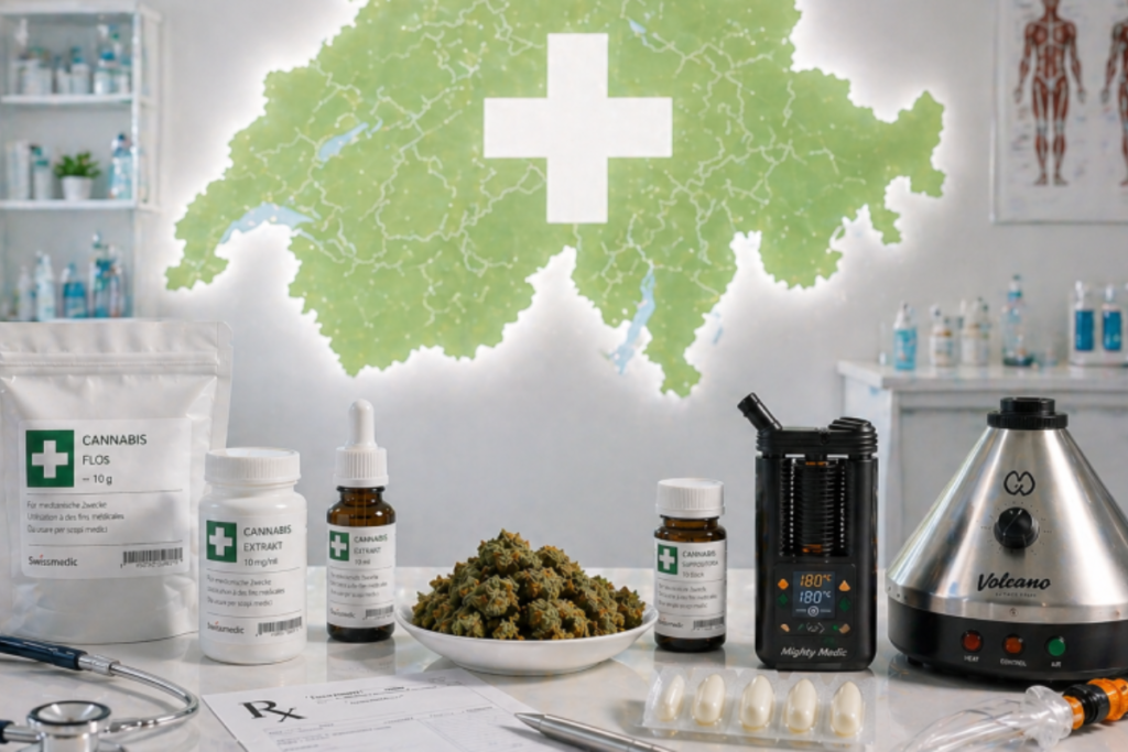 医療用大麻関連の製品(エキス、乾燥花、吸入器など)が並んだテーブル。背景にスイスの地図と十字のマーク
