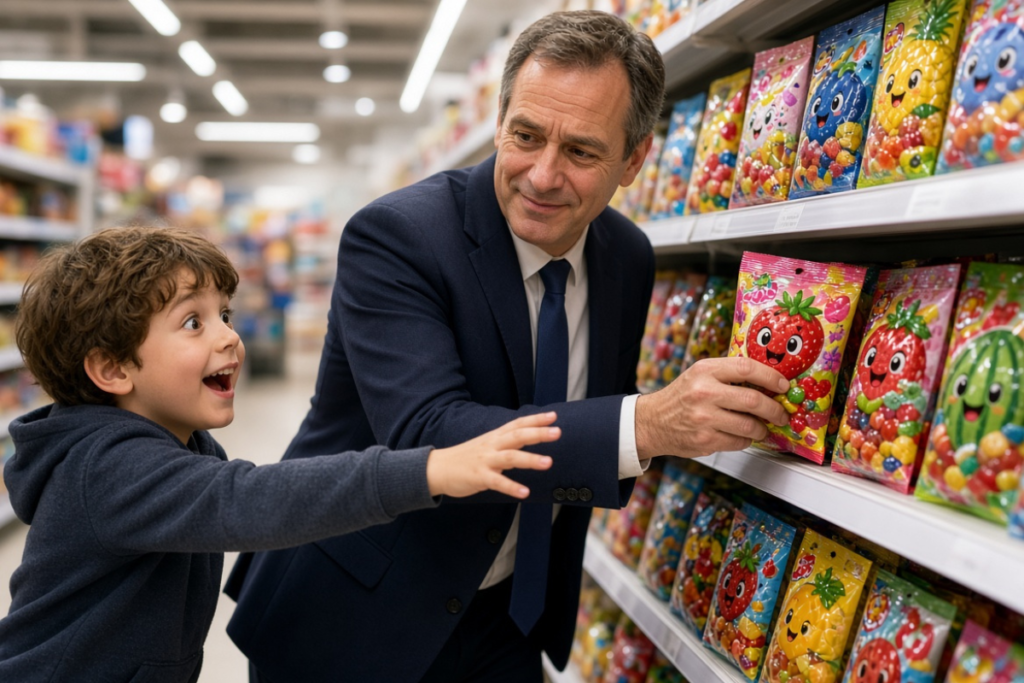 スーパーの菓子売り場で、紺のスーツ姿の中年男性が笑顔でイチゴの顔が描かれたグミの袋を手に取り、隣で青いパーカーを着た小さな男の子が目を輝かせて手を伸ばしている様子。