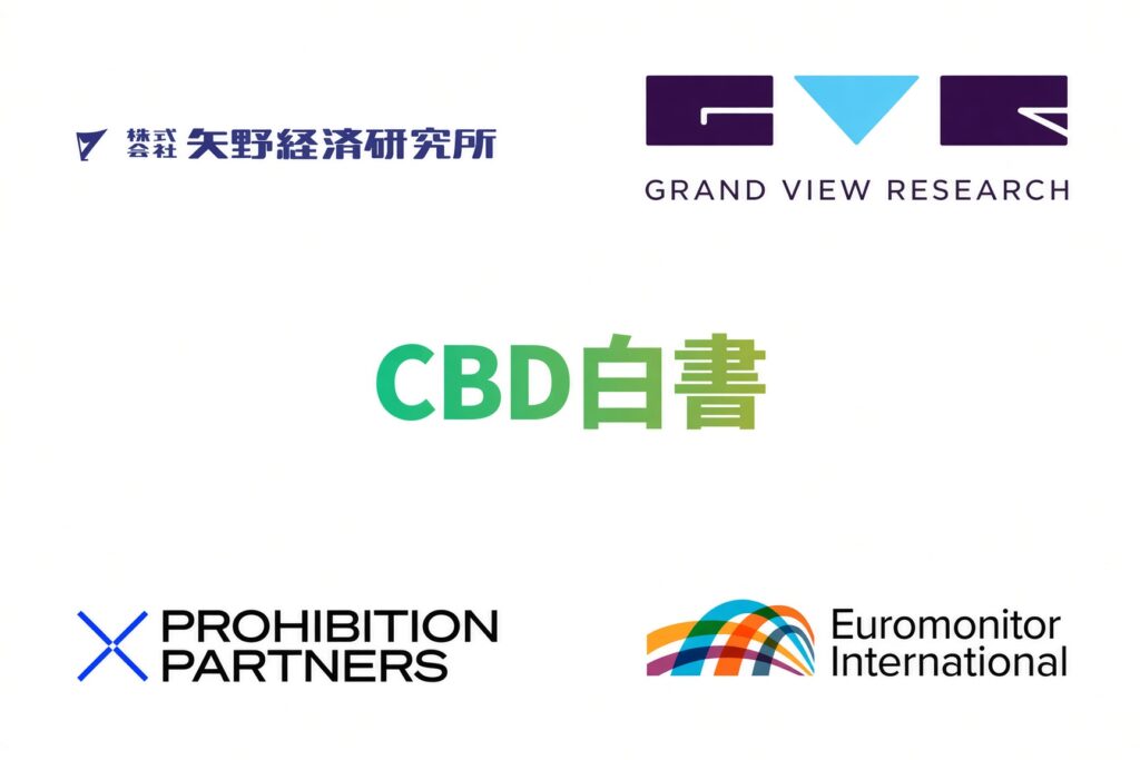 矢野経済研究所、Grand View Research、CBD白書、Prohibition Partners、Euromonitor Internationalのロゴを並べたサムネイル画像