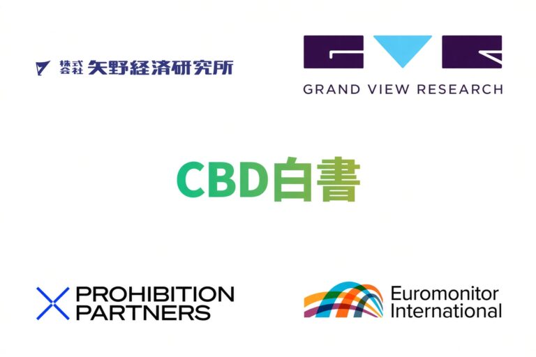 矢野経済研究所、Grand View Research、CBD白書、Prohibition Partners、Euromonitor Internationalのロゴを並べたサムネイル画像