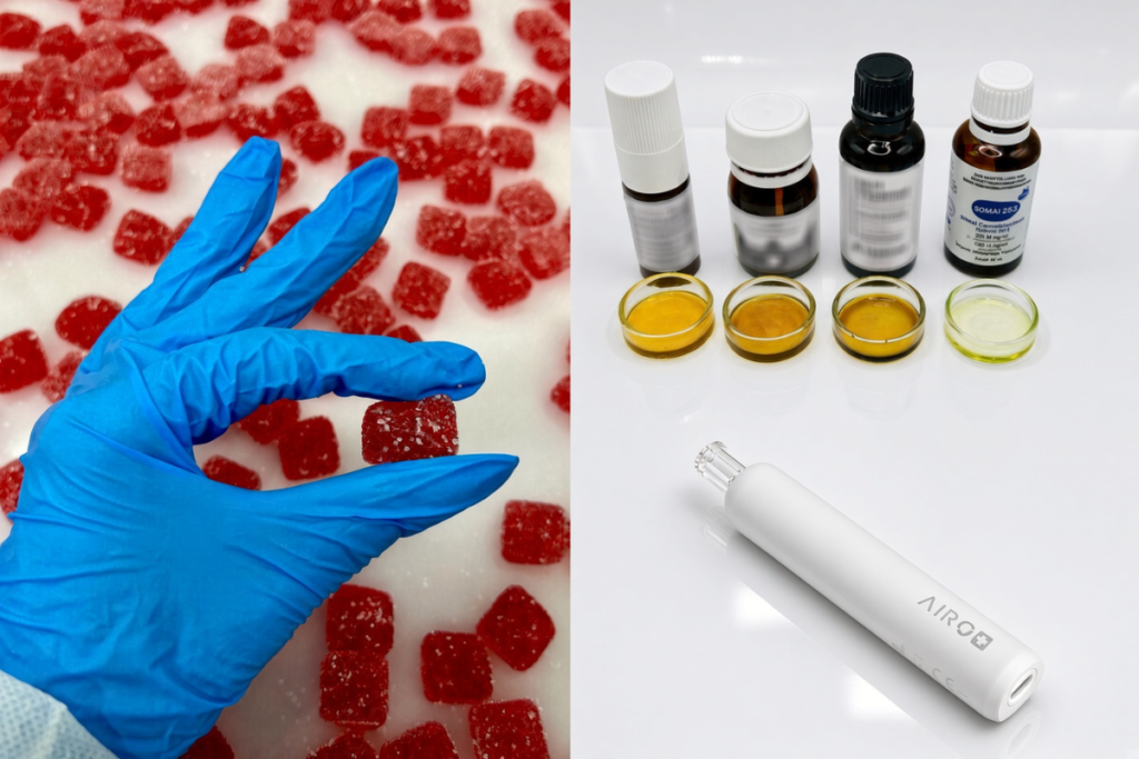 医療用大麻関連製品のコラージュ。左は青い手袋で赤いグミをつまむ手元、右上はオイルボトルと小皿、右下は白いクリーンルームのデスクに置かれた白いAIROヴェポライザー