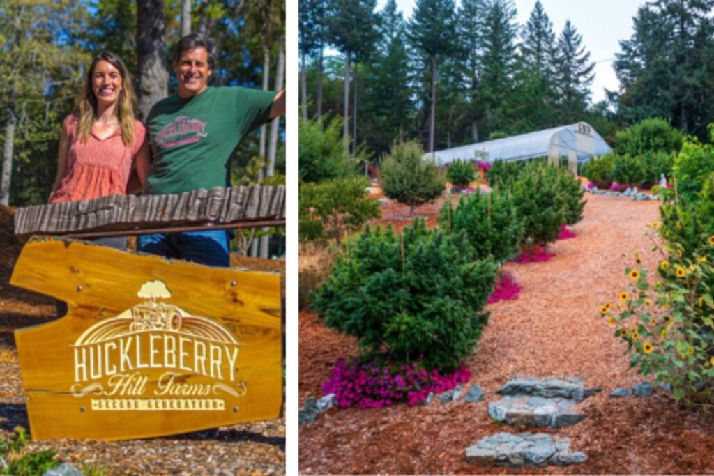左右2枚の写真。左側は笑顔の男女2人が木製の大きな看板「HUCKLEBERRY Hill Farms」の後ろに立ち、森の中で撮影されたもの。右側は赤いウッドチップの小道が続き、両側に緑の低木とピンクの花、ひまわりが植えられ、奥に白いビニールハウスと高い松の木が見える農場の風景。
