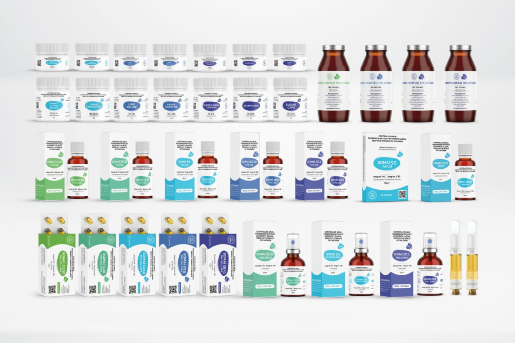 SOMAÍ Pharmaceuticalsの医療用大麻製品ラインナップ。白い容器のドライハーブ、茶色のボトルのTHC抽出液、オイル、パッチ、スプレー、カプセルなどが整列して並んでいる商品写真