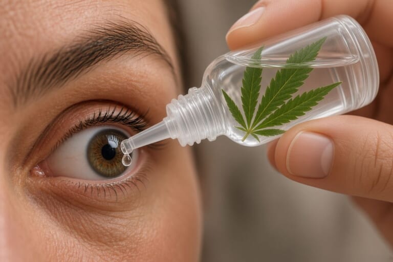 大麻の葉が入った透明な点眼ボトルから、目に液体を一滴落とそうとしている手元のクローズアップ