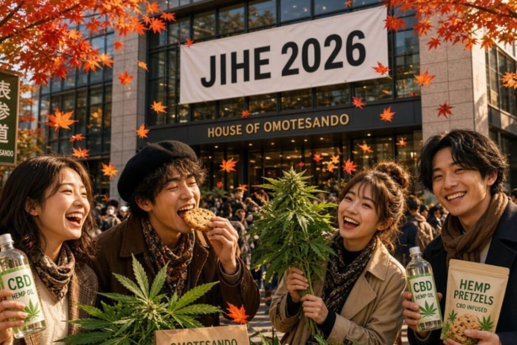 表参道の「HOUSE OF OMOTESANDO」前で、大麻草やCBDオイル、クッキー、ヘンププレッツェルを手に笑顔で立つ若者たち。建物には「JIHE 2026」の大きなバナーが掲げられ、紅葉が舞っている。