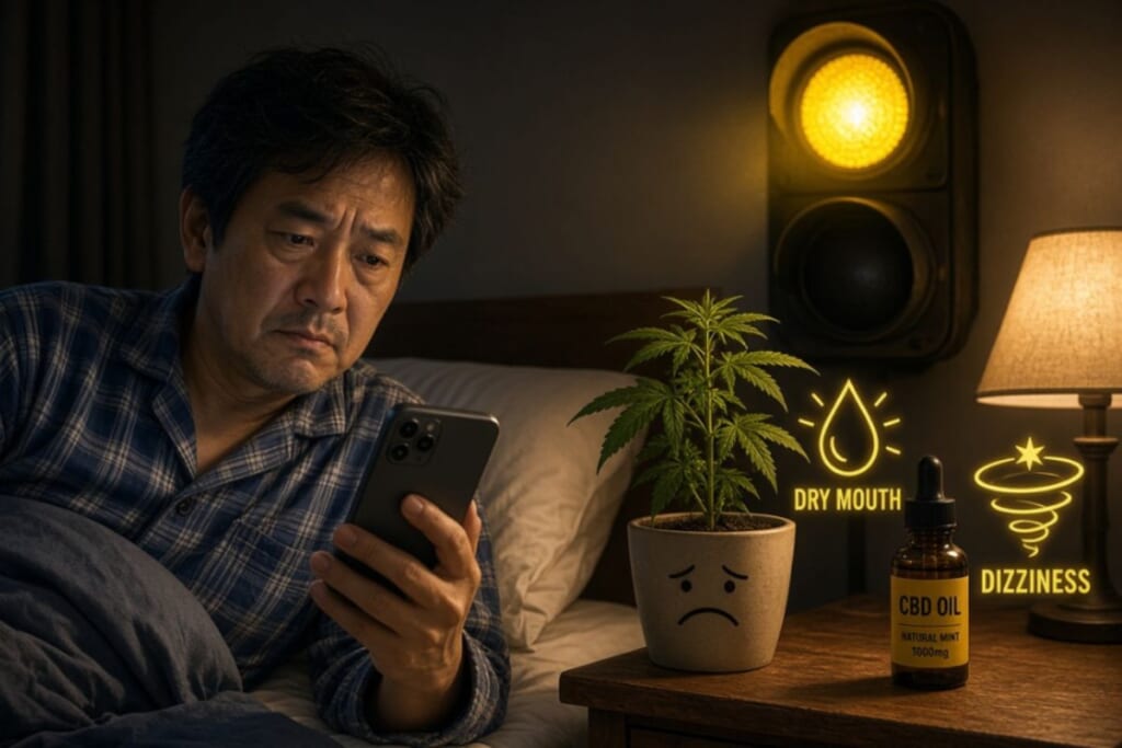ベッドで横になりながらスマホを見つめる中年男性。横のナイトテーブルには、悲しい顔が描かれた植木鉢の大麻草と「CBD OIL NATURAL MINT 1000mg」のボトルが置かれ、ドライマウスとめまいを示すアイコンが表示されている。背景には黄色い信号機が灯っている。