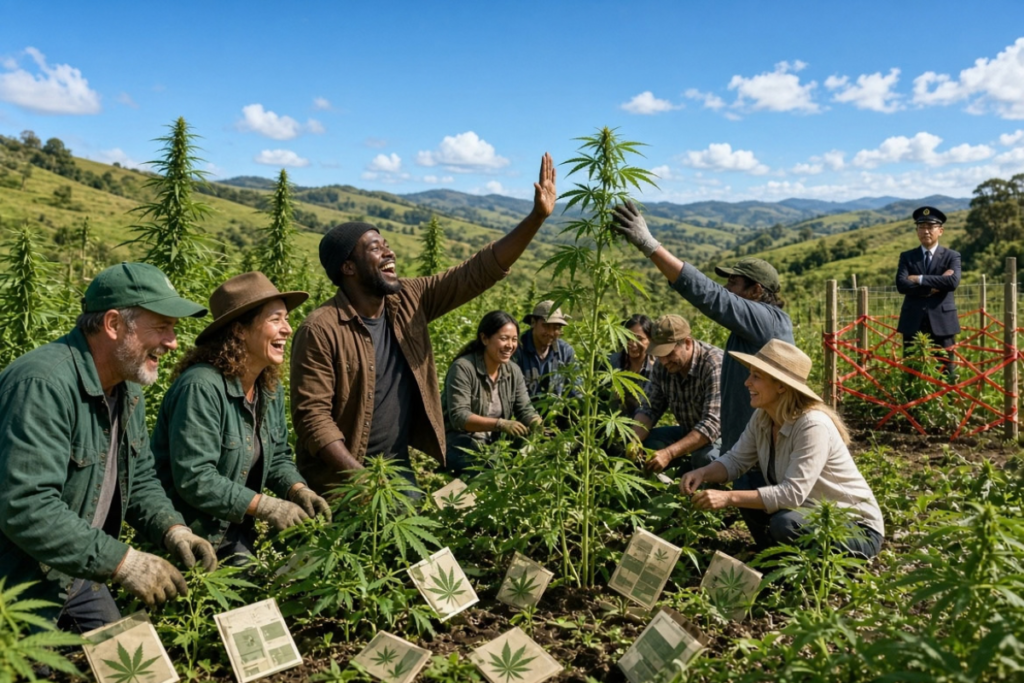 丘陵の大麻畑で、作業着の人々が笑顔で収穫している。植物の根元には大麻の葉が印刷された札があり、奥では制服姿の職員が腕を組んで立っている。