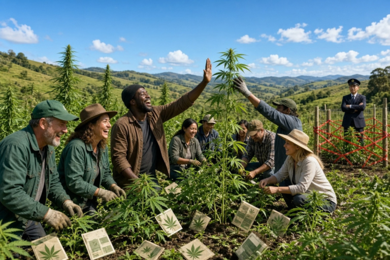 丘陵の大麻畑で、作業着の人々が笑顔で収穫している。植物の根元には大麻の葉が印刷された札があり、奥では制服姿の職員が腕を組んで立っている。