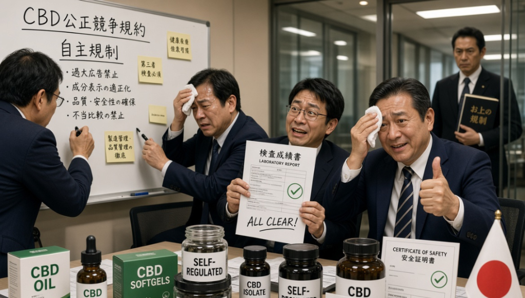 日本のビジネスパーソンたちがホワイトボードに「CBD公正競争規約」「自主規制」と書き込み、検査成績書で「ALL CLEAR!」と喜ぶ一方で汗を拭く様子。机の上にはCBDオイルやソフトジェル、自己規制ラベルの製品、安全証明書、日本国旗が並ぶ