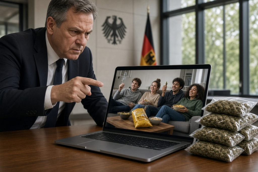 ドイツ国旗と国章のある室内で、スーツの男性がノートパソコンを指さしている。画面にはソファで喫煙しスナックを食べる若者たち、机の横には大麻の入った袋が積まれている。