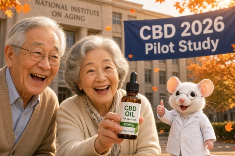 「NATIONAL INSTITUTE ON AGING」の建物前で、CBDオイルを手に笑顔の高齢者夫婦と、実験着を着て親指を立てるネズミのキャラクター。「CBD 2026 Pilot Study」のバナーが掲げられ、紅葉が舞っている。