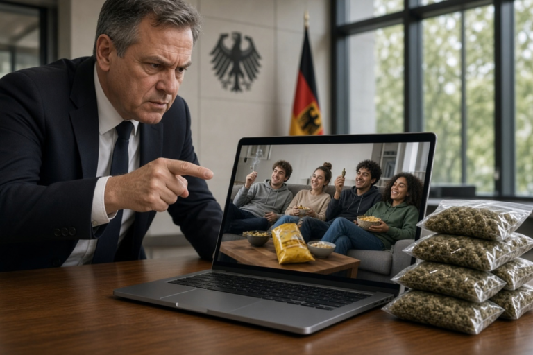 ドイツ国旗と国章のある室内で、スーツの男性がノートパソコンを指さしている。画面にはソファで喫煙しスナックを食べる若者たち、机の横には大麻の入った袋が積まれている。