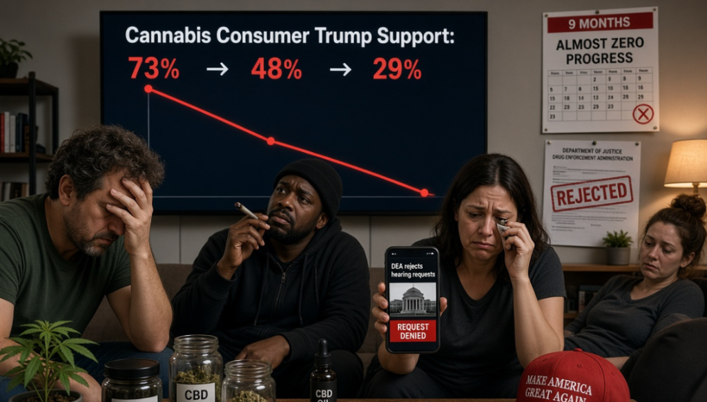 ソファに座る人々が落胆した表情で、テレビに表示された「Cannabis Consumer Trump Support: 73% → 48% → 29%」の急落グラフを見つめる。DEAの却下通知が映るスマホ、REJECTEDの掲示、Make America Great Againの帽子、CBD製品が置かれた室内